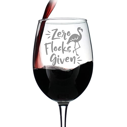 Zero Flocks Given Cute Funny Flamingo Wine Glass, Large 16.5 Ounce, Etched Sayings, Gift Box