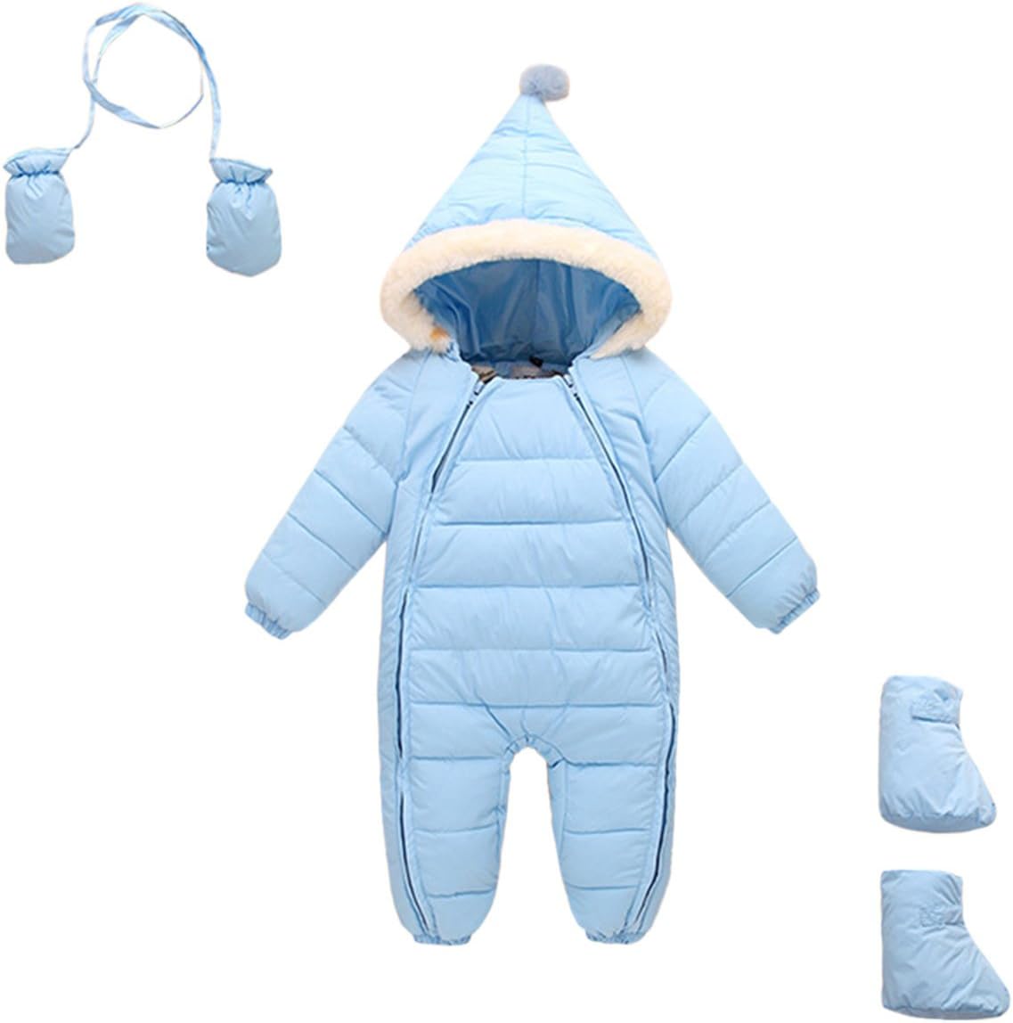 3Pcs Newborn Baby Hooded Puffer Romper Snowsuit Baby Boys 3 Piece All in One Zipper Jumpsuit Winter Blue 0-6 Months