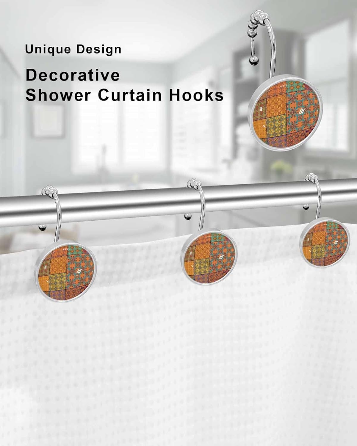 Shower Curtain Hooks Set of 12 Bright Vintage Traditional Orange Floral Plaid Crystal Glass Shower Curtain Rings for Bathroom Decorative Stainless Steel Rust Proof Roller Shower Curtain Hangers