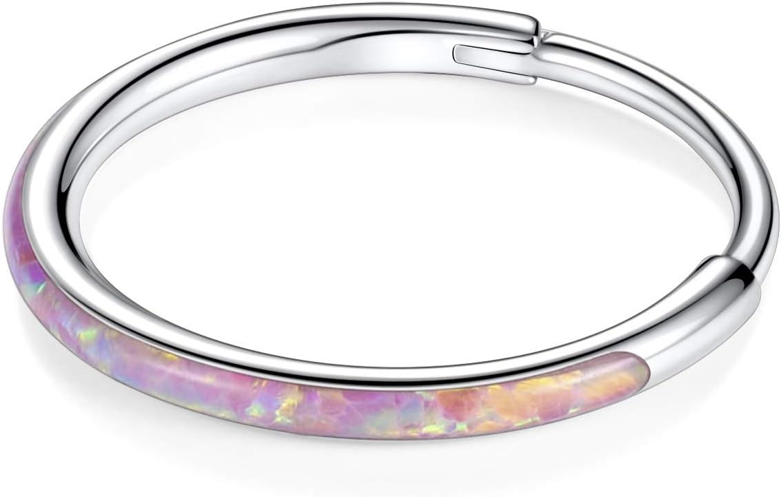 8mm Septum Clicker Silver Cartilage Earring Hoop 20g Silver Nose Rings 20 Gauge Helix Hoop Earring Pink Opal Daith Earrings Tragus Earring Surgical Steel Small Hoop Earrings 8mm Nose Hoop Seamless - Image 2