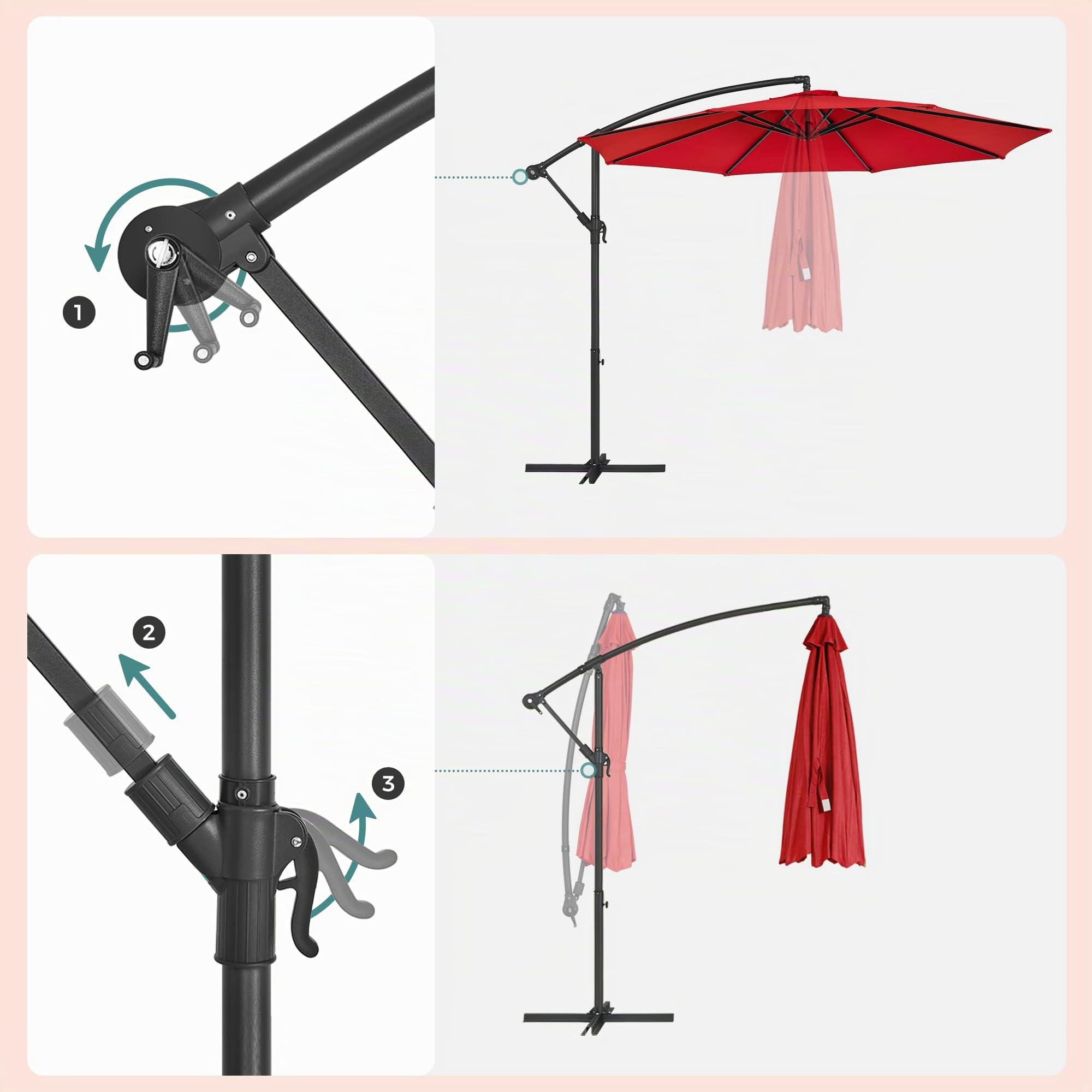 Songmics Sonnenschirm, Ampelschirm 300 Cm, Mit Ständer, Sonnenschutz Balkon, Balkonschirm, Uv-Schutz Upf 50 und mehr, Mit Kurbel Zum Öffnen Und Schließen, Für Terrasse, Garten, Rot Gpu016R01