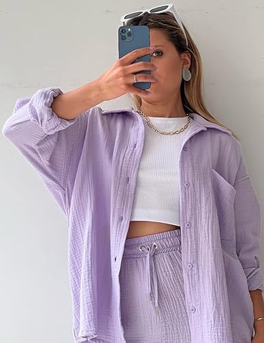 Miniatura 3 de Flygo Conjunto casual de 2 piezas para mujer, conjunto de algodón y lino, camisa de manga larga y pantalones cortos a juego