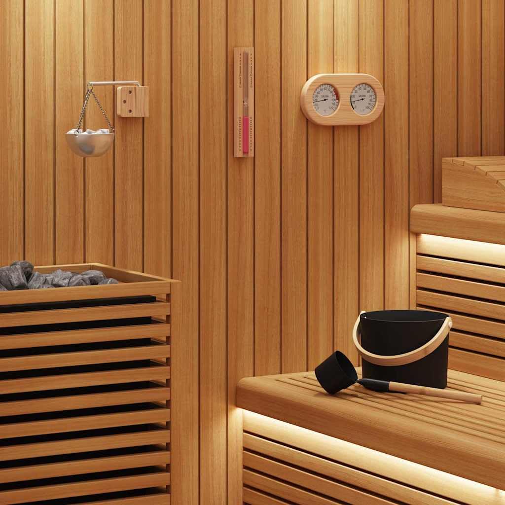 Set di accessori per sauna, 5 pezzi, nero, in alluminio e legno di pino, secchio per sauna, igrometro, termometro, clessidra, ciotola per aromi, mestolo per interni, benessere e relax