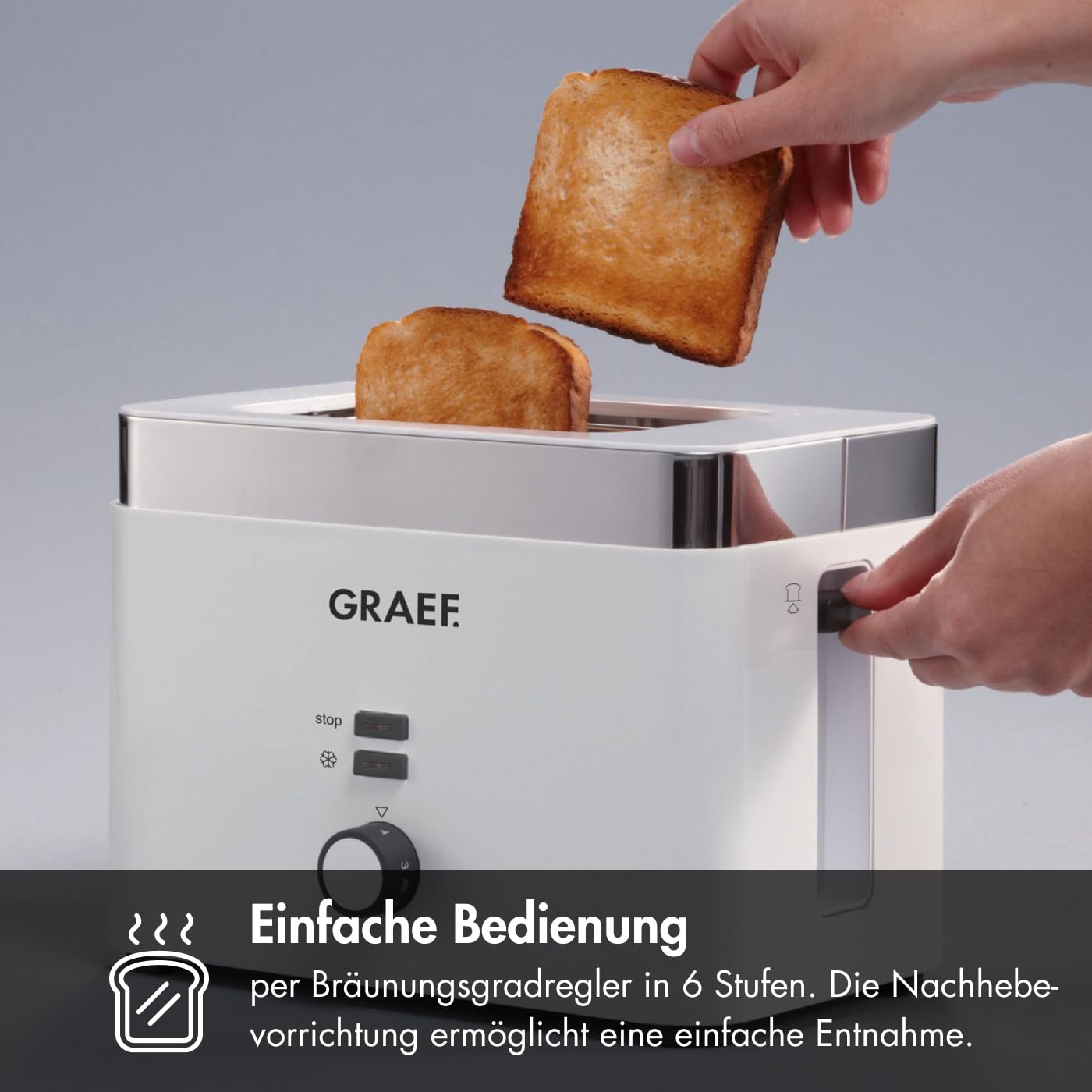 GRAEF Toaster TO61 Weiß 2-Scheiben-Toaster mit Brotscheibenzentrierung, Brötchenaufsatz, 6 Bräunungsstufen und Krümelschublade, Stopp-Taste, Auftaufunktion, Nachhebevorrichtung, Sicherheitsabschaltung