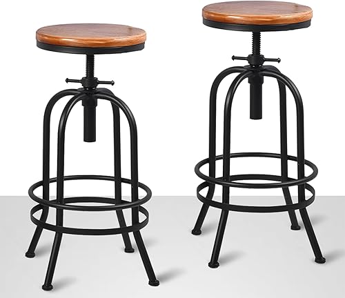 BOKKOLIK Juego de 2 taburetes de bar industriales retro de 26 a 32.3 pulgadas, taburetes giratorios extra altos para cocina, barra de cocina, altura
