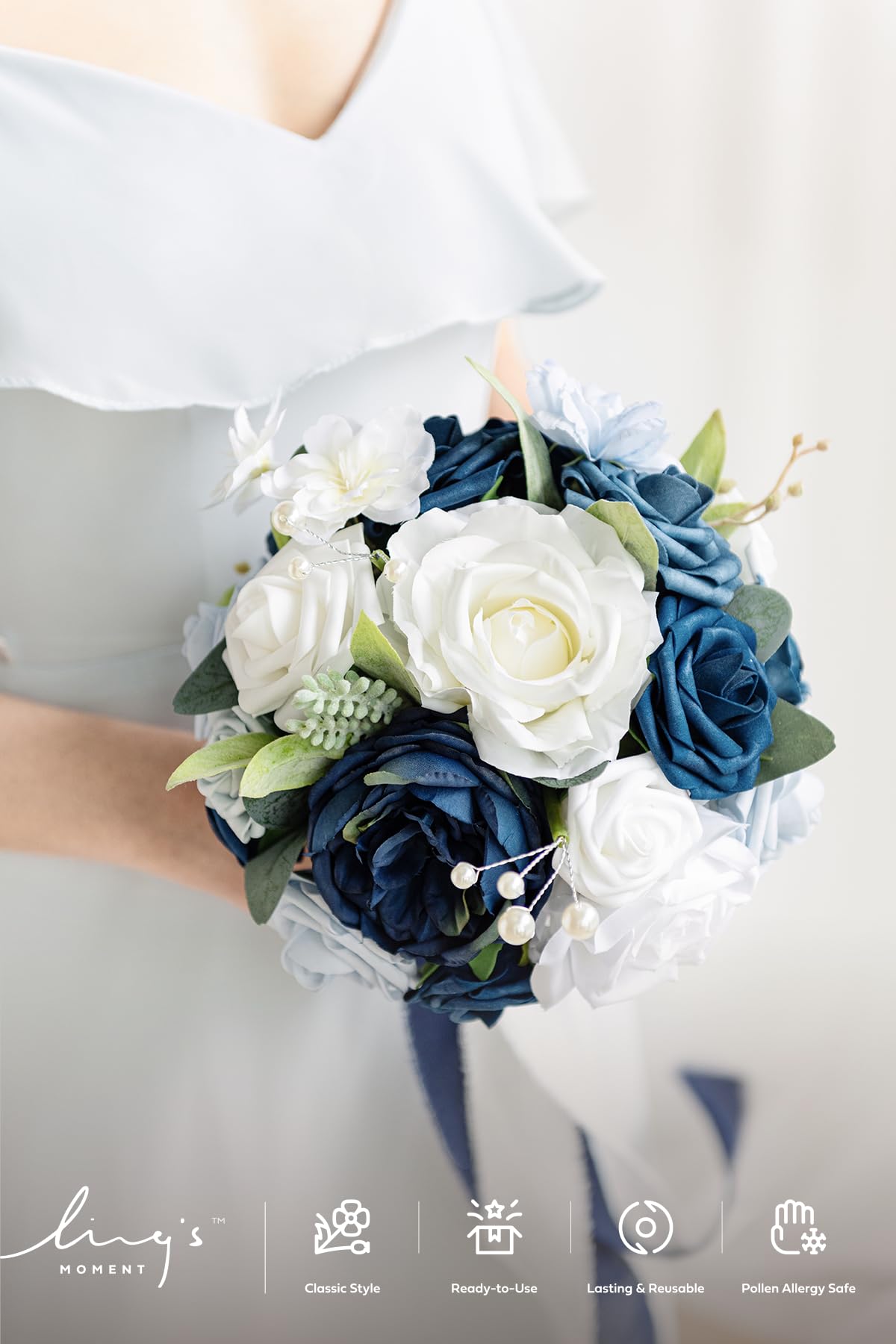 bridesmaid bouquets for navy blue dresses A-line Floor-length V-Neck Navy Blue Bridesmaid dresses With Pleats, B –  MarryLover