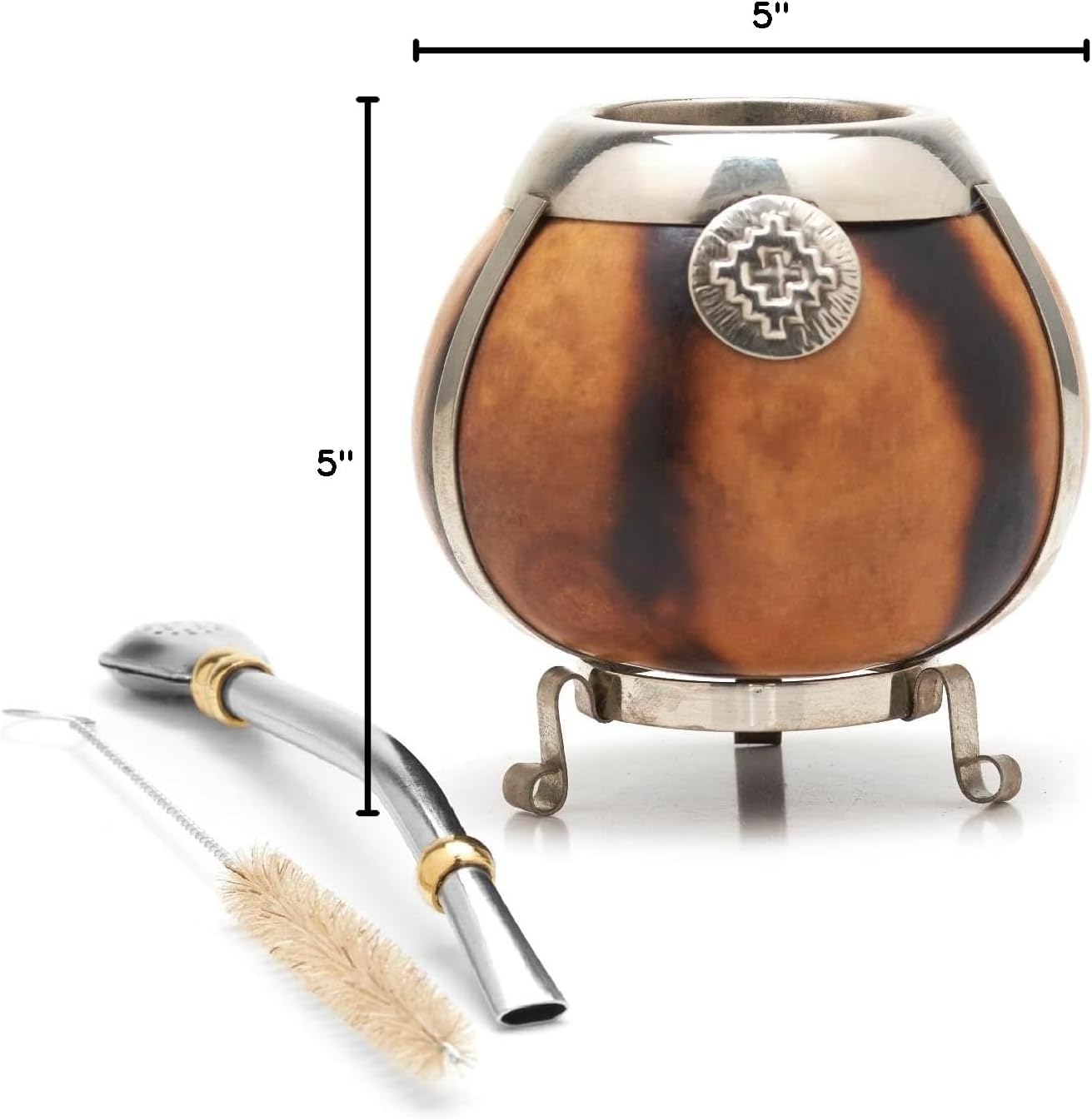 BALIBETOV Handmade Yerba Mate Gourd Set – Natural Finish with German Silver Trim & Base – Includes Bombilla (Yerba Mate Straw)