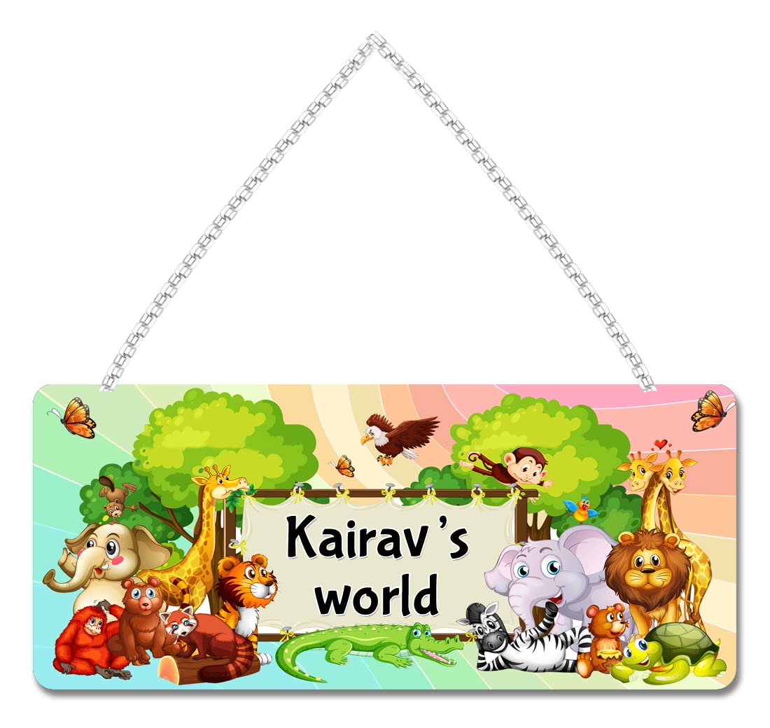 FurnishFantasy Jungle Theme Personalized Gift for Kids on Birthday | Return Gift | Kids Room Decor | Door Sign | Name Plate with Hanging Chain - Size: 11.5 x 5 inch -, Name - Kairav