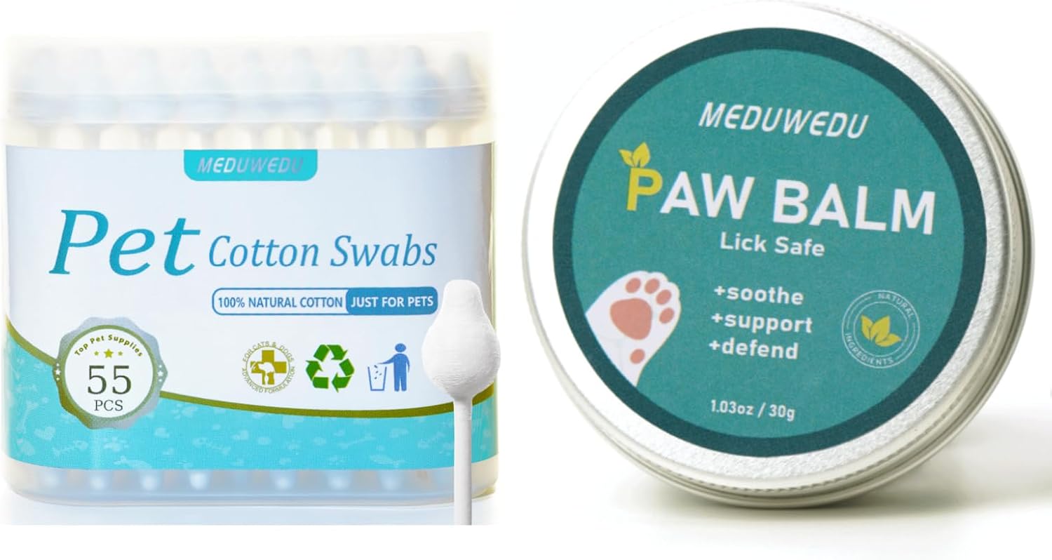 MEDUWEDU Pet Cotton Swabs 55 Count + [2-Pack] Dog Paw Balm 30g | Ear Cleaning & Paw Protection Bundle