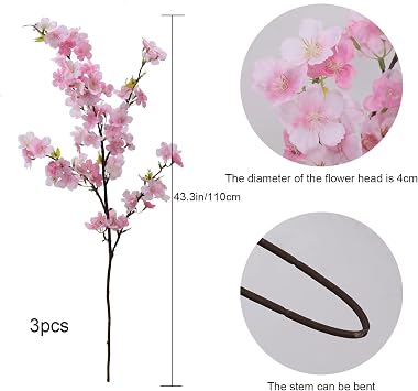 3Pcs 110CM Artificial Cherry Blossom Stems Pink Silk Peach Blossom Flowers