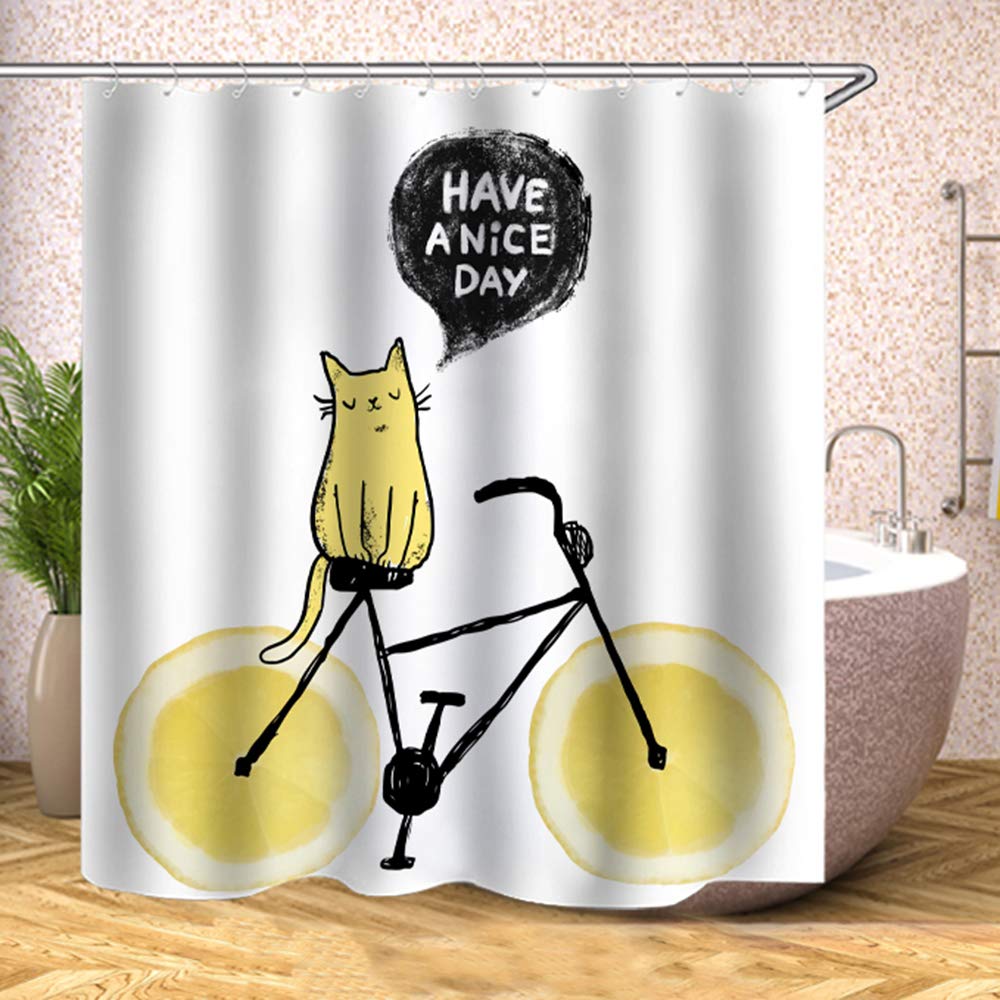 Fabric Shower Curtain,Cartoon Cute Cat Sitting On A Lemon Bike Lovely Funny White Yellow Polyester Designer Cloth, Print Decorative Bathroom Curtains Include Hooks Set (0626)