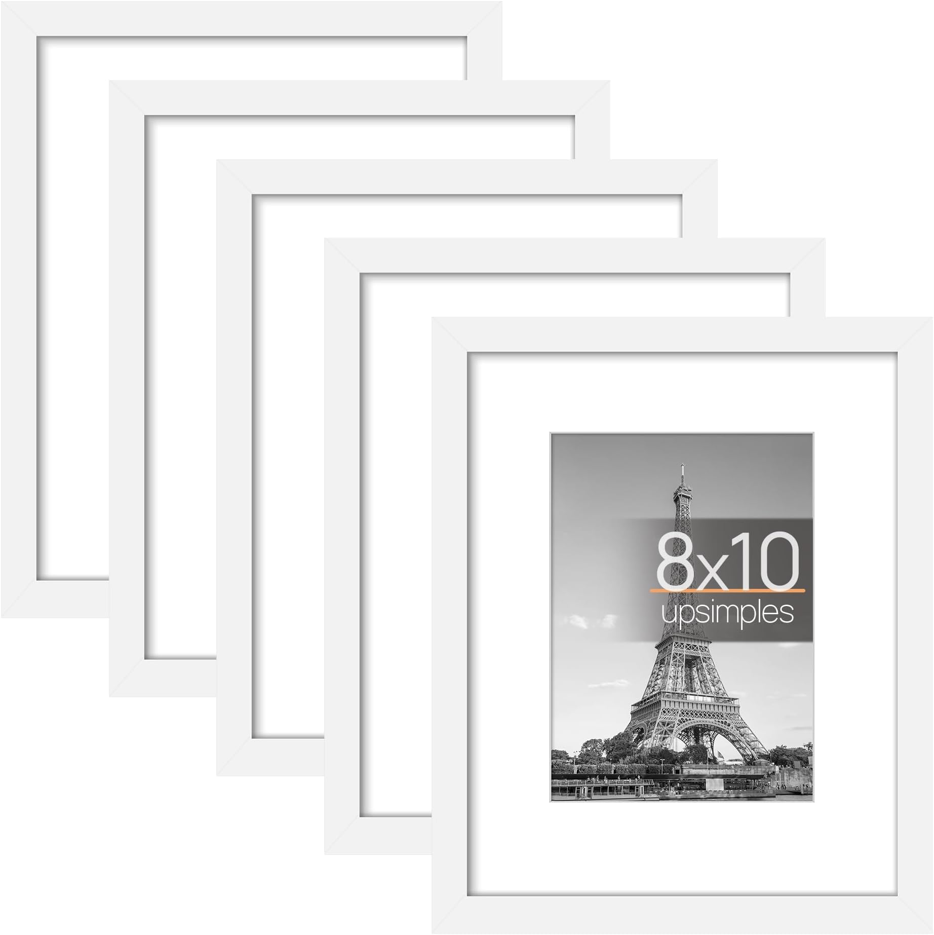 TMOHRA 5 Pack Picture Frames, 8x10 White Picture Frame Display Display 6x8 Photo with Mat or 8x10 photo without Mat, Horizontal and Vertical Formats for Wall and Tabletop (White 8X10 Inch)