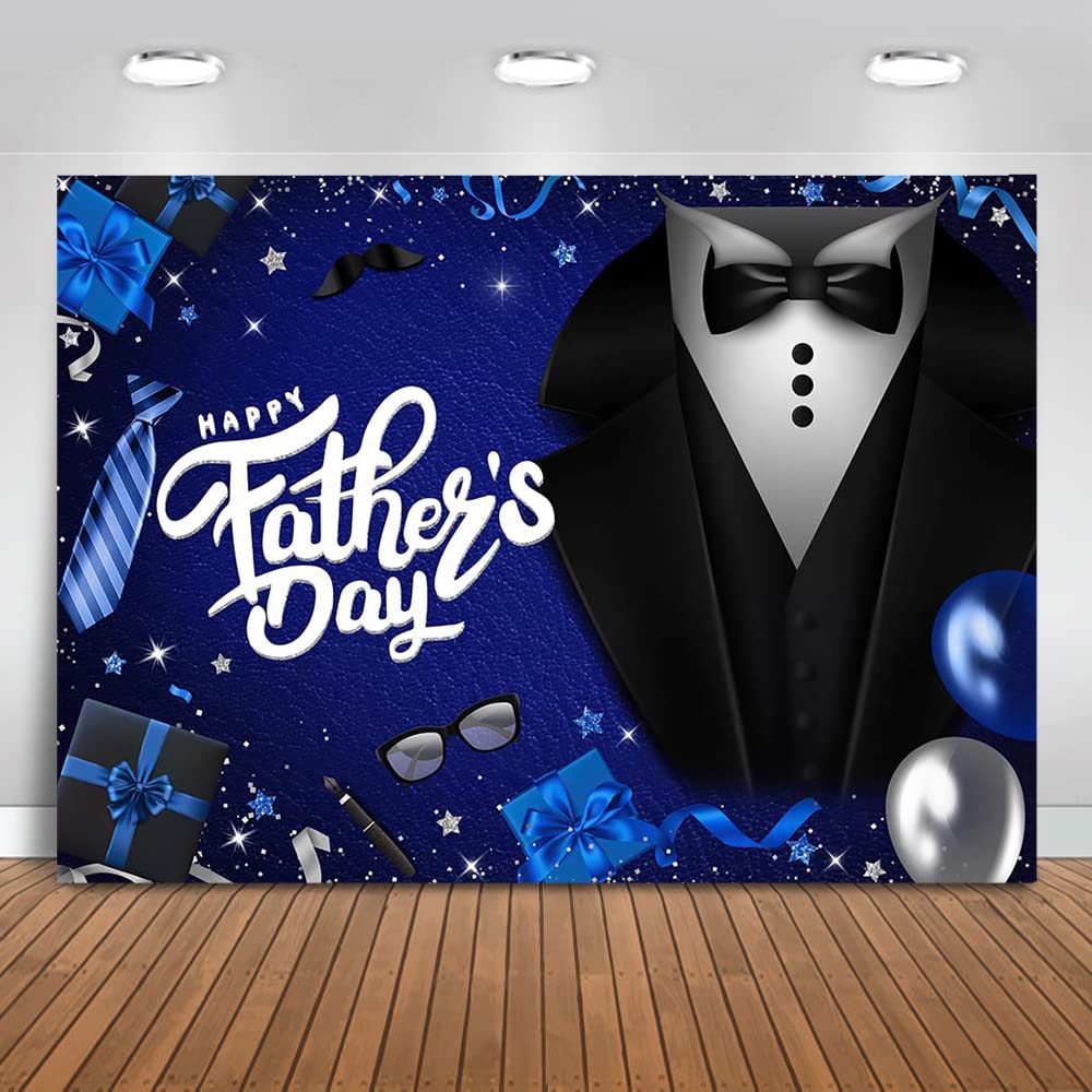Mocsicka Happy Father's Day Backdrop Blue Silver Glitter Father's Day Background Black Tuxedo Suit I Love Dad Thank You Event Party Decoration Photo