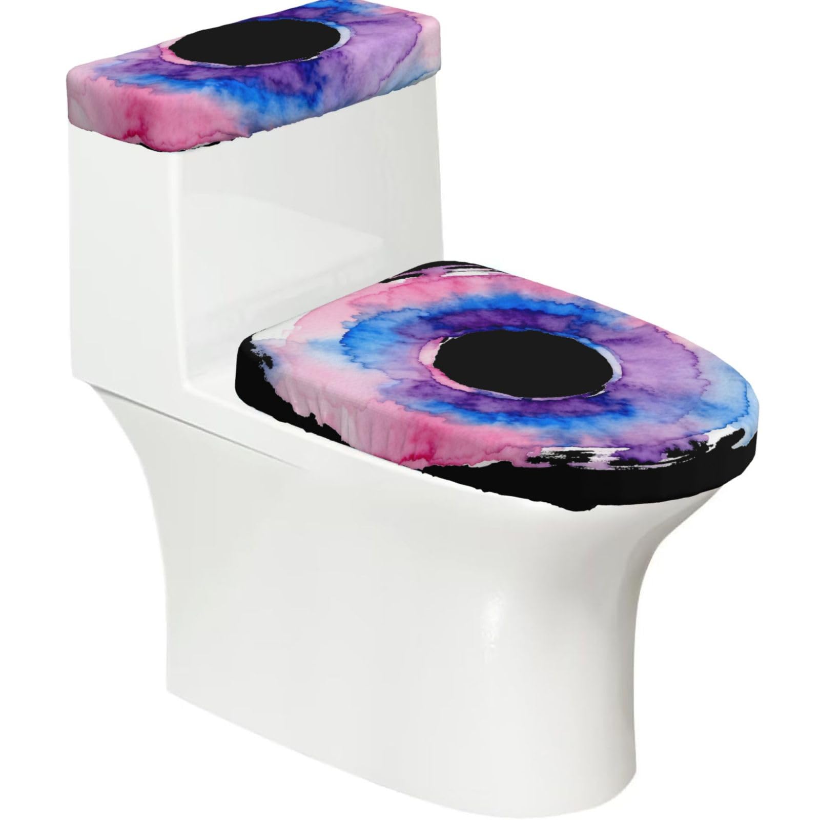 Cntdbu Black Watercolor Circle Ring Elastic Toilet Cover Set Of 2-Stretchy Lid And Tank Covers For Bathroom, Soft Washable U Shape Toilet Decor
