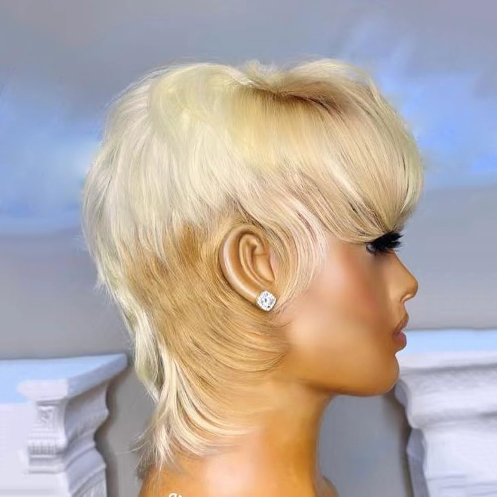 Short Pixie Cut Wig for Women Layered Blonde #613 with #30 Light Brown Synthetic Wig None Lace Frontal Mullet Wigs High-light Colored Throw On and Go Wigs