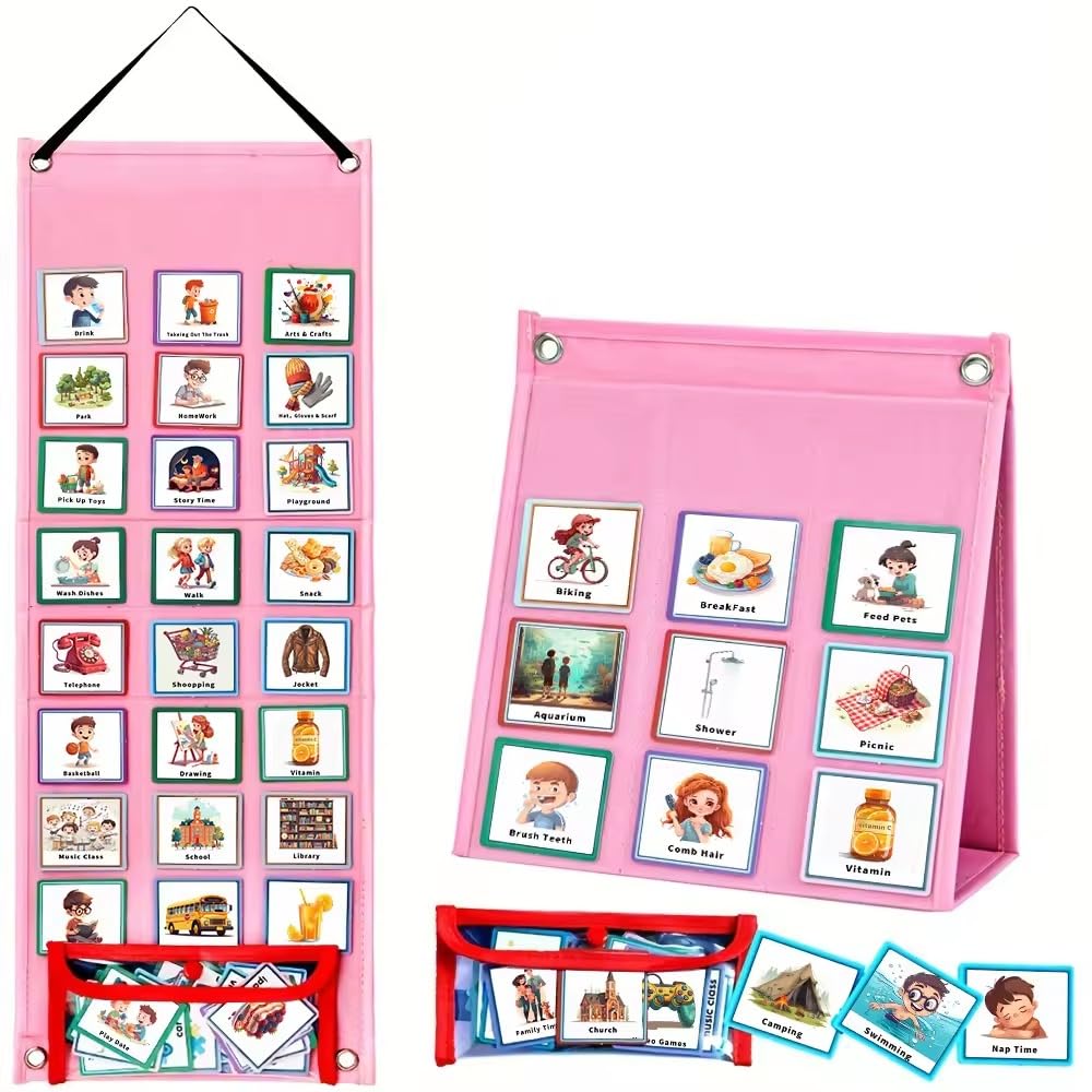 Visual Timetable for Kids with 124 PECS Cards, Now and Next Board Autistic | Daily Weekly Routine Chart ADHD ASD Autism Learning Materials | Toddler Children Planning Board for School and Home (Pink)
