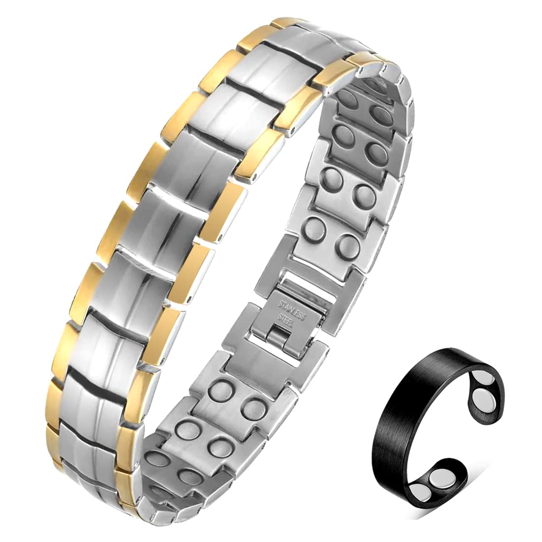 Vicmag Men Magnetic Bracelets Titanium Steel Magnet Bracelet Ultra Strength Double Row 3500 Gauss Wristband Brazaletes with Adjustment Tool & Jewelry Gift Box (Silver Gold)