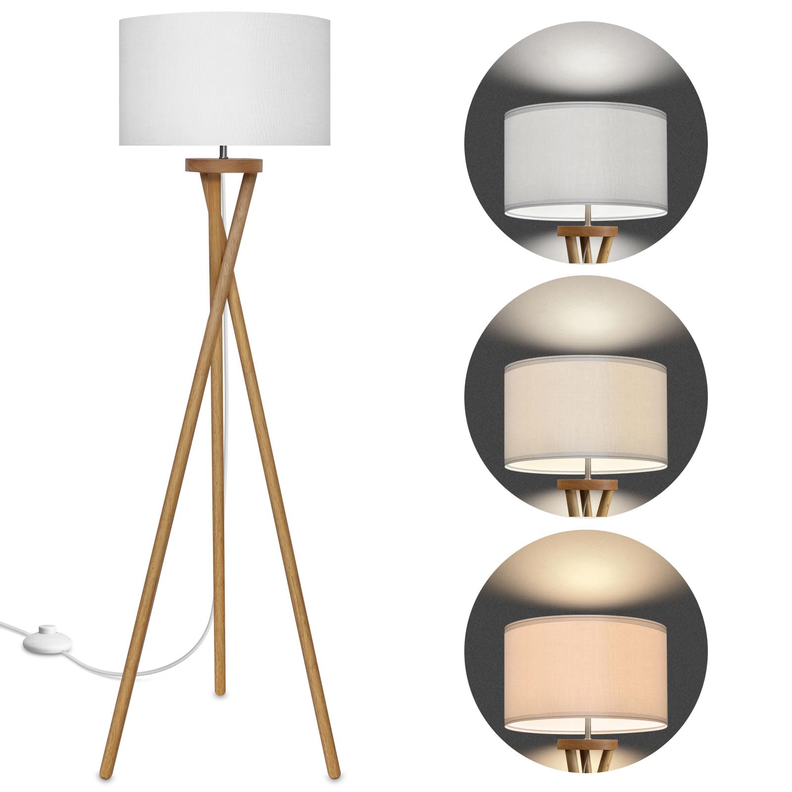 BBHome Lámpara de Pie Salón Madera, Lámpara de Pie Escandinava con Bombilla LED E27 9W, Lámpara de Pie Pantalla Blanca, Lámpara de Pie Trípode para Salón, Dormitorio, Estudio y Oficina