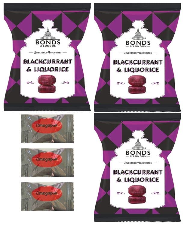 Bonds Of London British Hard Candy Blackcurrant and Liquorice with Omegapak Starlight Mints, Individually Wrapped Old Fashioned Candy, Bundle of 3 Bags, 120g or 4.23 Oz. Each