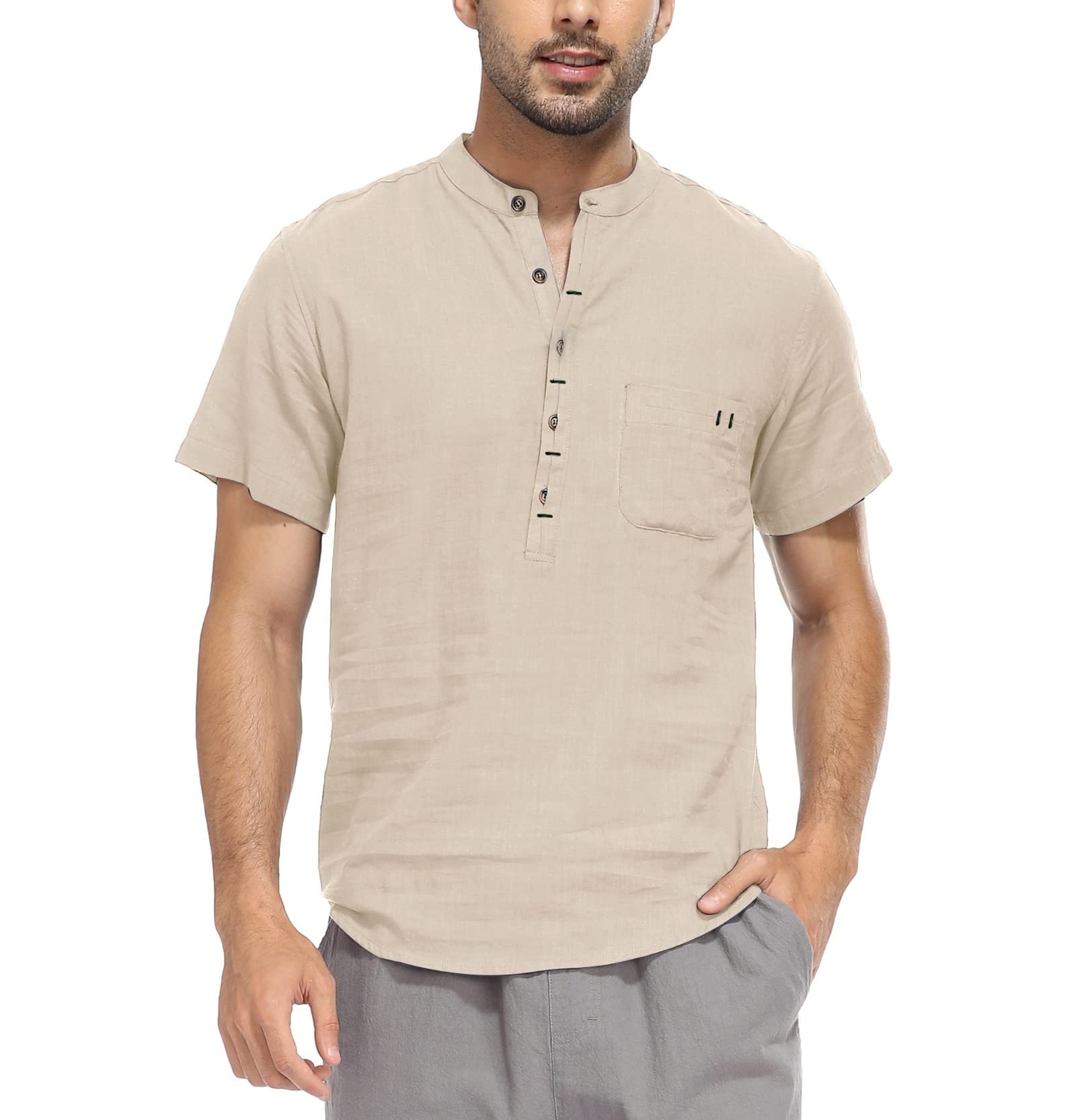 WAZZAP Camisas para Hombre Manga Corta de Algodón y Lino Verano Henley Camisas Casual Hippie Playa Camisa
