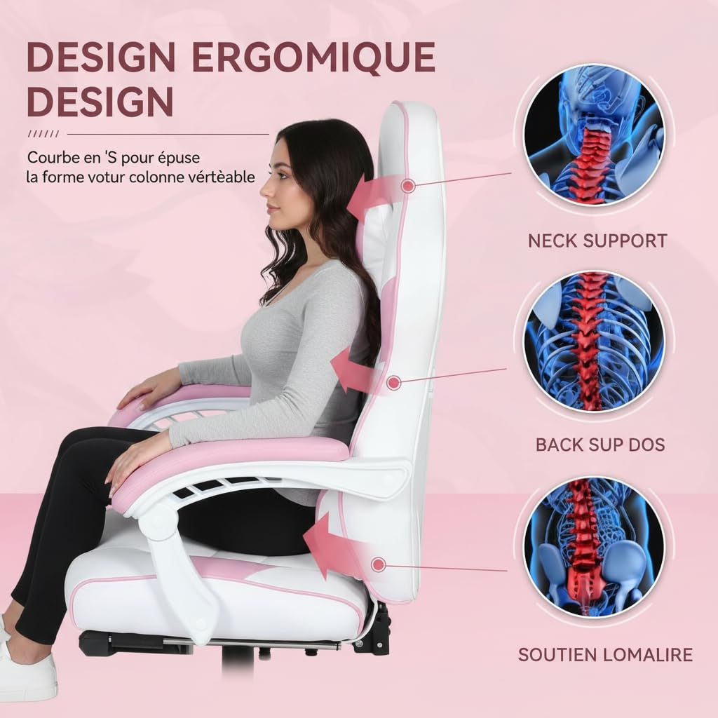 YU YUSING Chaise Gaming Massage Rose, Fauteuil de Bureau Repose-Pieds