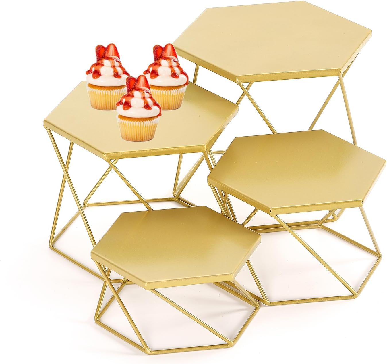 OGFC 29958 Metal Display Risers, Set of 4 Golden Hexagonal Nesting Buffet Riser Set, Modern Brass Buffet Display Stands for Food, Food Display Risers for Buffet Cupcake Small Potted Plants-image-40