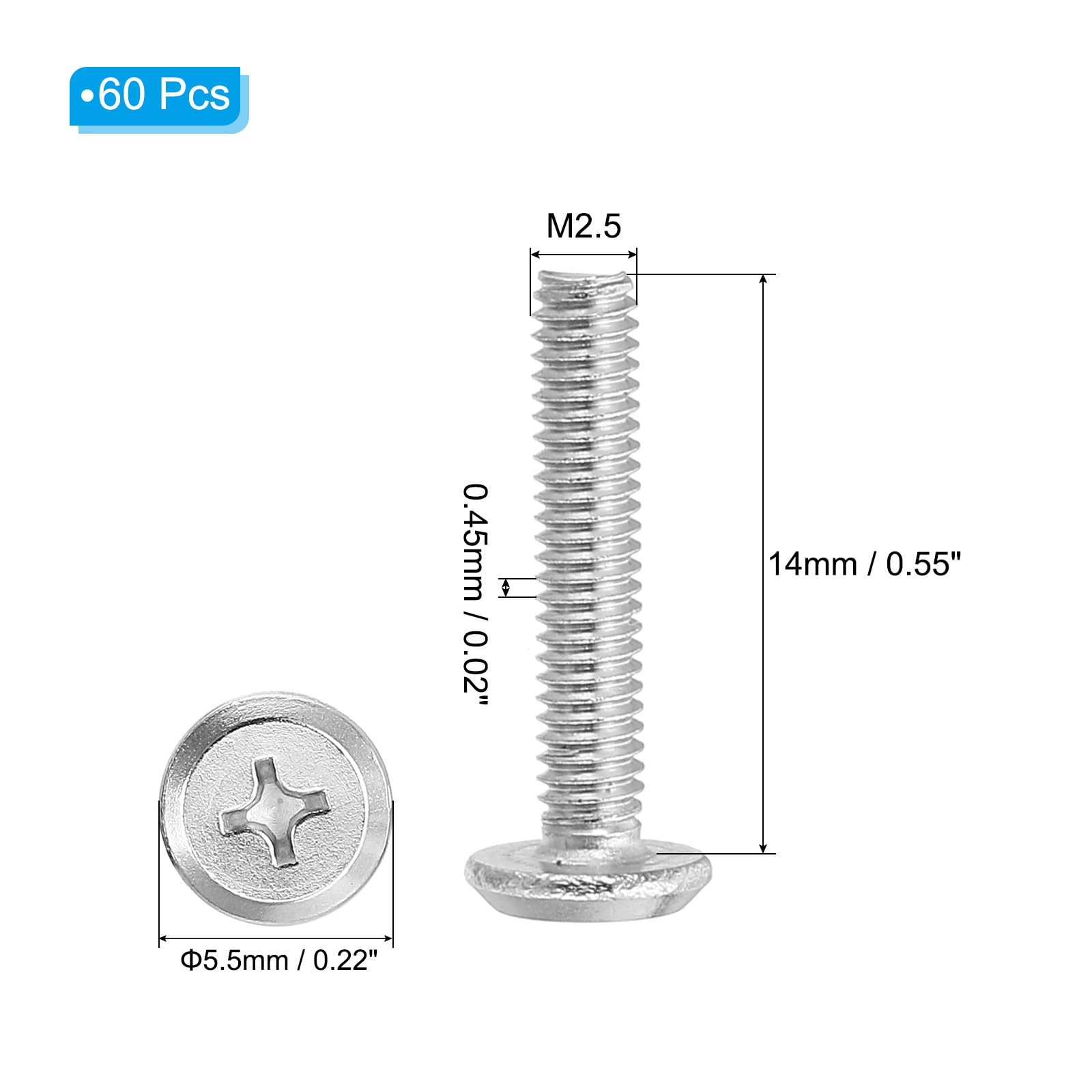 PATIKIL Round Head Phillips Screws, 60 Pack M2.5-0.45 x 14mm 304 Stainless Steel 18-8 Full Thread - Image 2