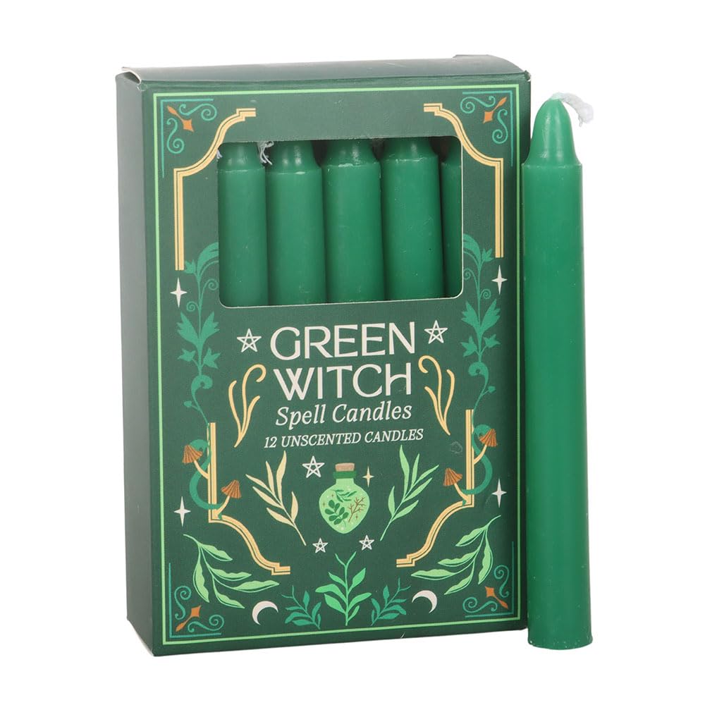 Pack of 12 Green Witch Spell Candles | Unscented Paraffin Wax | 1 Hour Burn Time