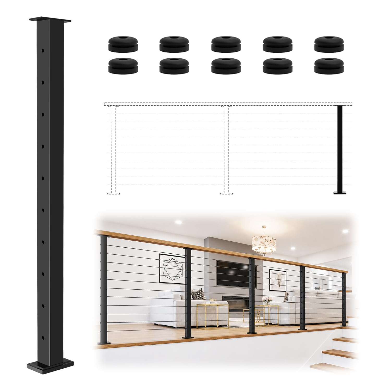 Zylorix T304 Cable Railing Post 36"(Post 35"x2"x2"), Level Drilled Railing Post with Cable Grommets, Fixed Top Mount Cable Handrail Post, Stainless Steel Black Finish Indoor Outdoor Deck Post