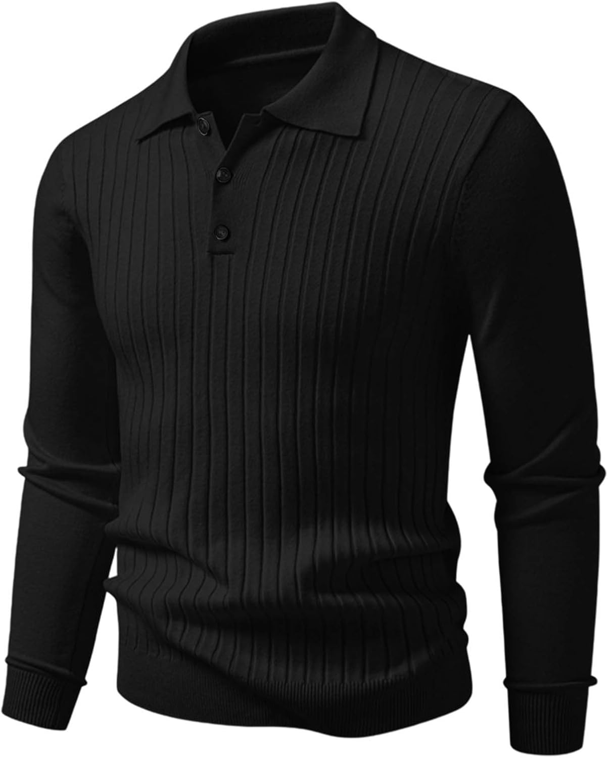 Men's Classic Knit Shirt Button Collar Long Sleeve Ribbed Sweater