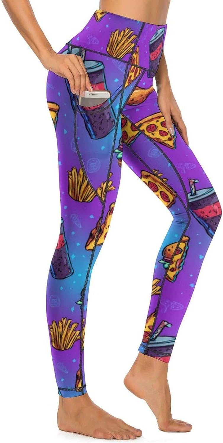Pizza Hamburger French Fries Print Women's Leggings High Waisted Yoga Pants Workout Athletic Running Pants