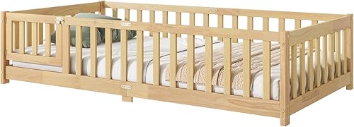 Miniatura 112 de Harper & Bright Designs Cama de suelo tamaño Queen con valla y puerta, marco de cama Montessori de madera para niños, niñas, listones incluidos, no