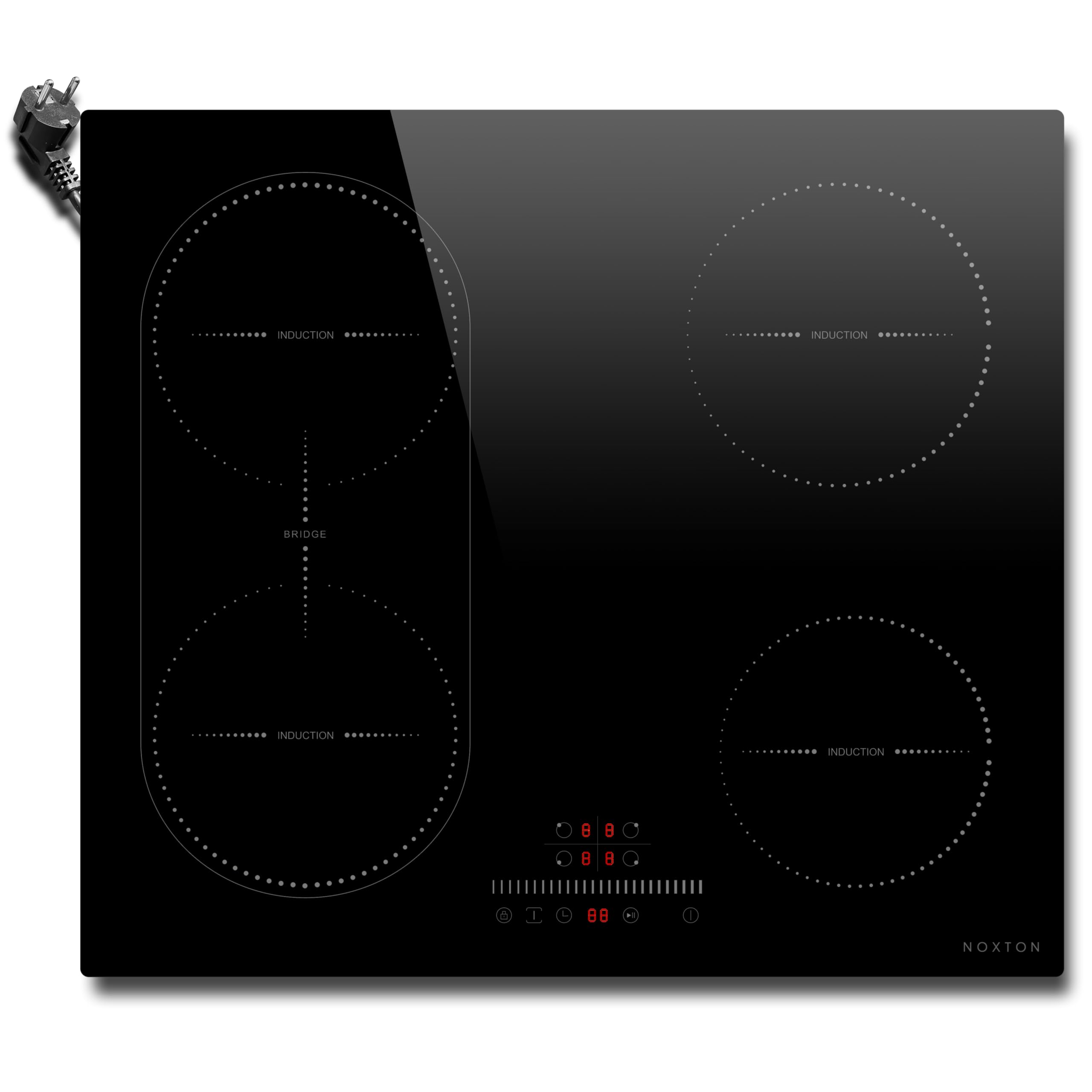 NOXTON Induktionskochfeld 60 cm, Einbau kochfeld induktion 4 Platten, 3500W | Flexzonen, Stecker, Schieberegler, Timer, Pausenfunktion, Kindersicherung, 220V-240V, Induktionskochplatte
