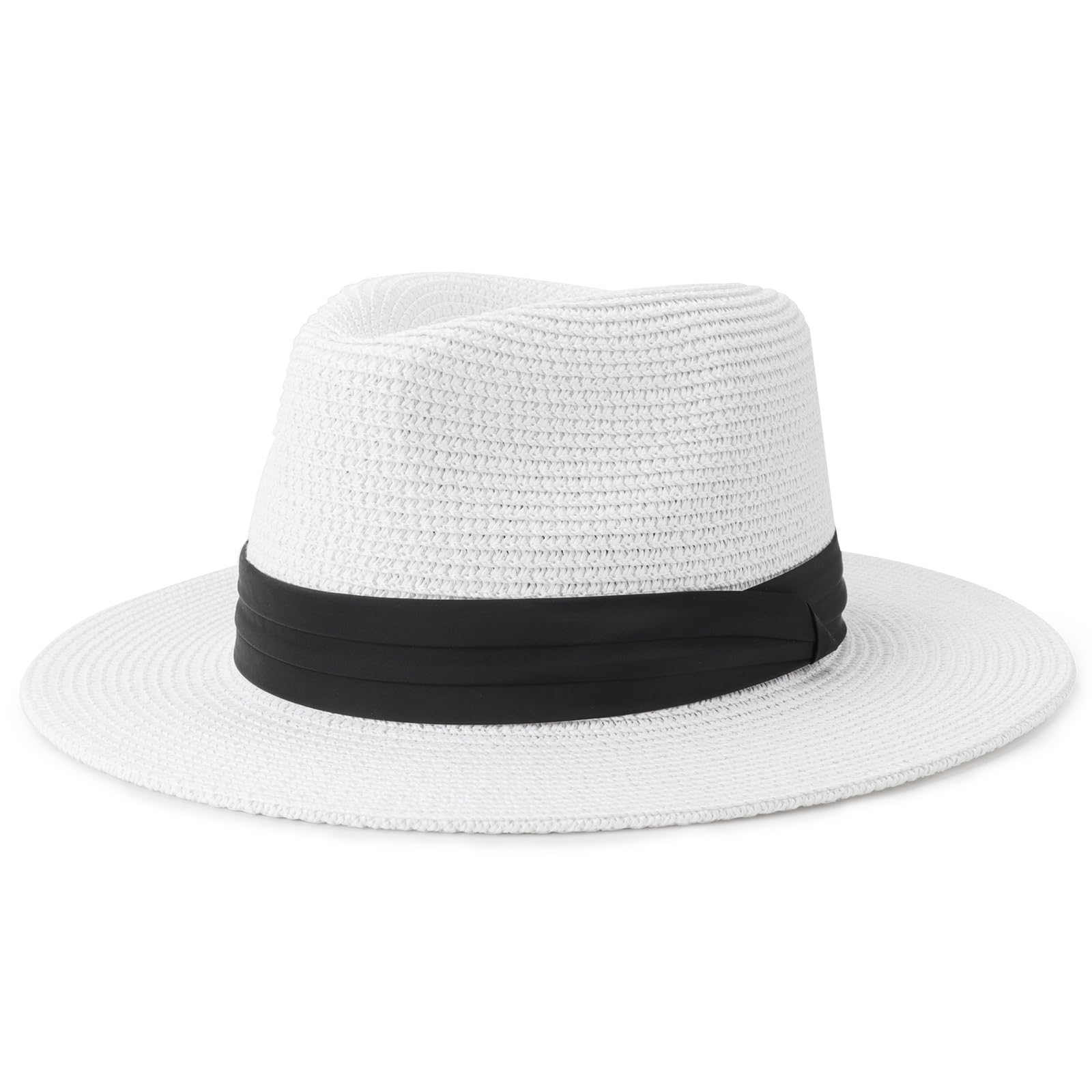 DRESHOW Women Straw Panama Hat Fedora Beach Sun Hat Wide Brim Straw Roll up Hat UPF 50+
