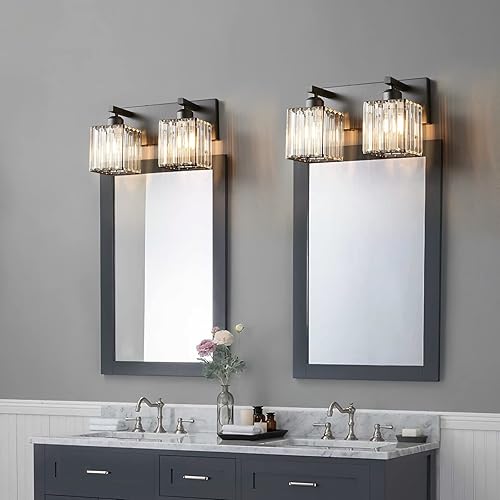 Miniatura 4 de FDPBY Moderna lámpara de tocador de baño con 2 luces, moderna lámpara de pared de cristal negro para baño