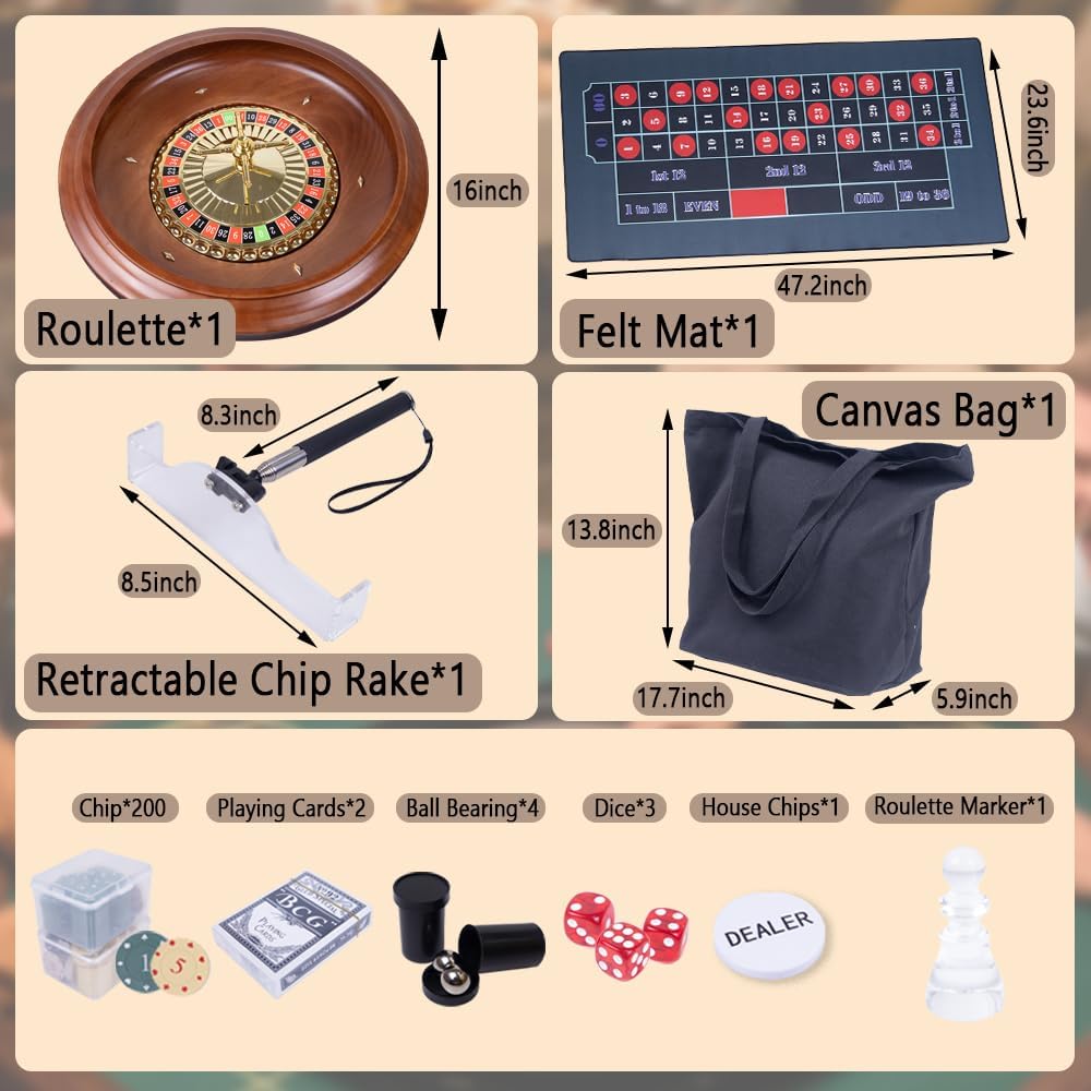 Extguds Roulette Wheel Game Set with Large Felt, 16 Inch Roulette Wheel, Retractable Chip Rake， 200 Chips, Roulette Marker, 2 Decks of Cards, 3 Dices, Canvas Bag, Commonly Used Games at Parties