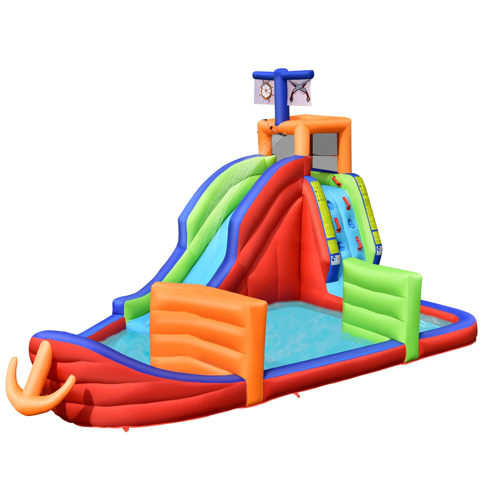 COSTWAY Castello Gonfiabile per Bambini 6 in 1, con Scivolo, Parete per Arrampicarsi, Piscina, Freccette, Gioco di Lancio, Pistole Acquatiche e Borsa, Ideale per 3 Bambini con Età 3-10 Anni