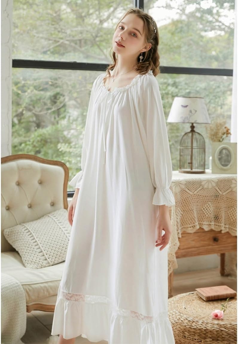 Shymay Women's Victorian Cotton Nightgown Vintage Nightdress Long Sleeve Sleepwear Lace Ruffle Lounge Dress - Image 5