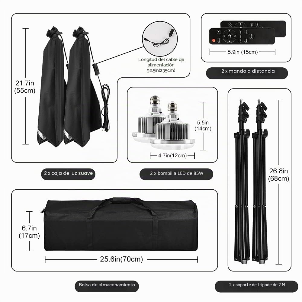 Juego de iluminación de softbox profesional con trípode de luz 2 m, 3200-5500 K, lámpara LED triple mando a distancia para retrato y vídeo