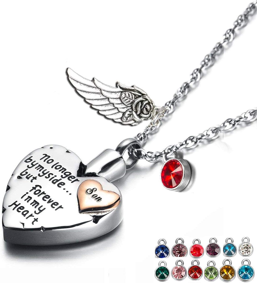 PREKIARHeart Cremation Urn Necklace for Ashes Angel Wing Jewelry Memorial Pendant and 12 PCS Birthstones No Longer by My Side But Forever in My Heart