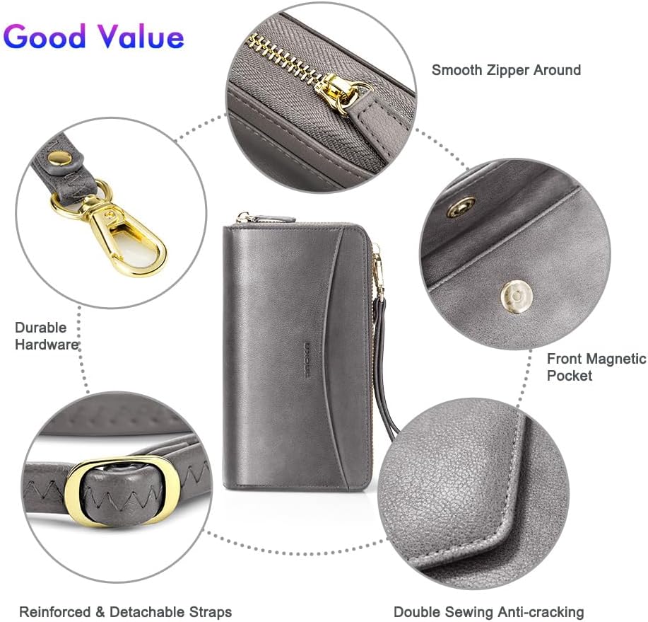 nuoku RFID Blocking Wristlet Wallet for Women, Zip-Around Crossbody Clutch with 2 Removable Straps | RFID, Zip Around, 2 Strap