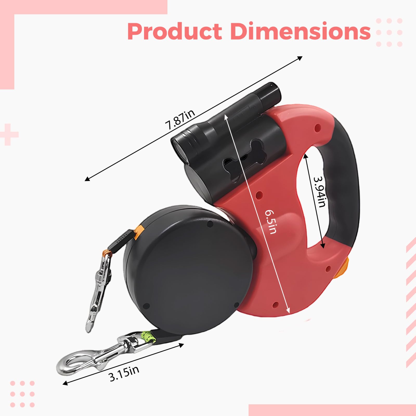 Guinzaglio doppio retrattile per 2 cani con torcia elettrica, 3 m, senza vento, doppio guinzaglio per cani con controllo indipendente, guinzaglio in nylon rosso per piccole razze