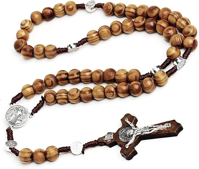 Wood Rosary Necklace Wooden Smooth Beads Catholic Cross Necklace Religious Jewelry Catholic Jesus Cross Pendant Necklace for Men