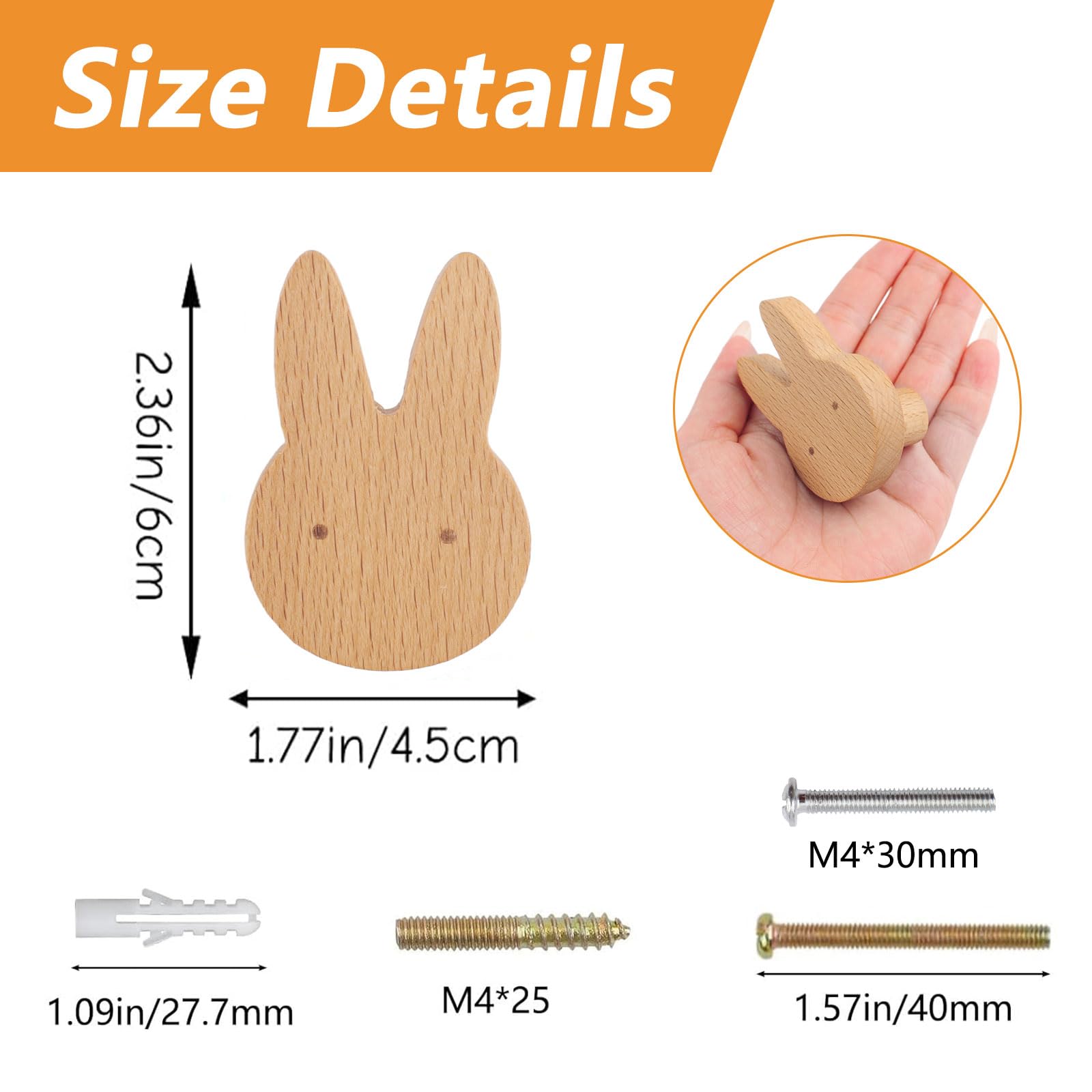 MOROBOR 6PCS Rabbit Shaped Wooden Knobs Single Hole Beech Wood Handles Wood Cupboard Cabinet Handles Knobs for Chest of Drawers with Screws& Expansion Tube - Image 2