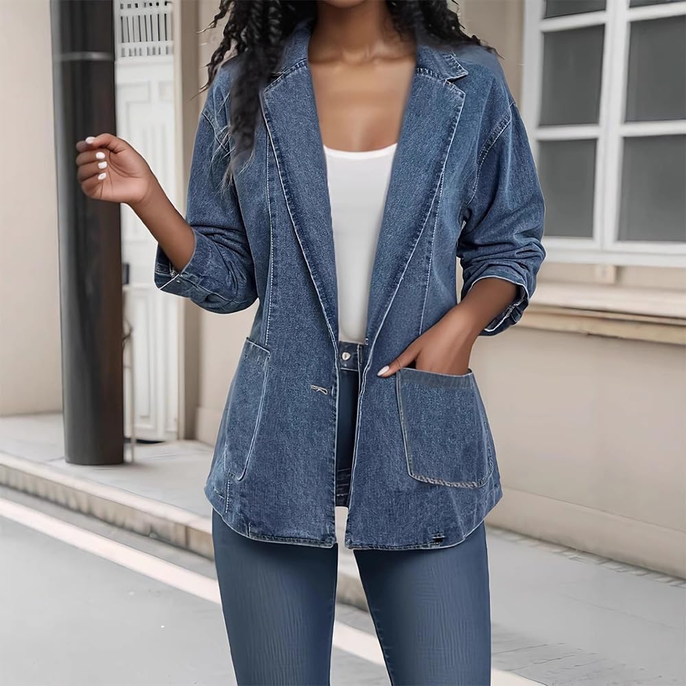 One Button Denim Jacket for Women Spring Fall Long Sleeve Lapel Notch Collar Blazer Jacket 2025 Fashion Work Office Jean Jacket for Girls Solid Color Cardigan Light Blue Denim Jacket