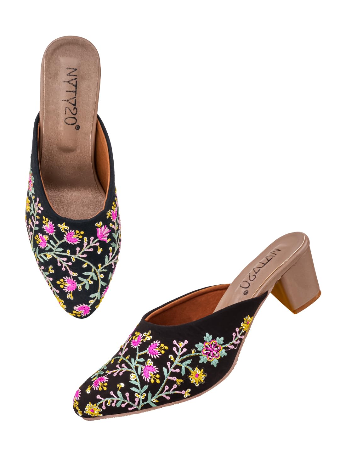 Women’s Floral Embroidered Mule Sandals – Black Pointed Toe Block Heel | Stylish Slip-On Party & Ethnic Wear Heels for Casual & Festive Use-image-20