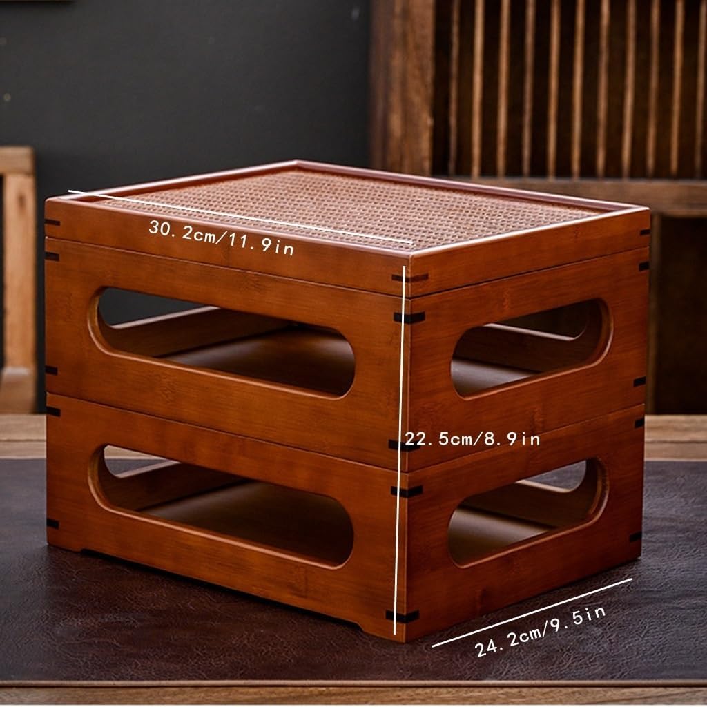2 Tier Bamboo Coffee Table, Multi-Functional Storage Organizer, Chinese Tea Tray, Stackable Solid Wood Storage Bins with Lids, Double Layer Large Capacity Design