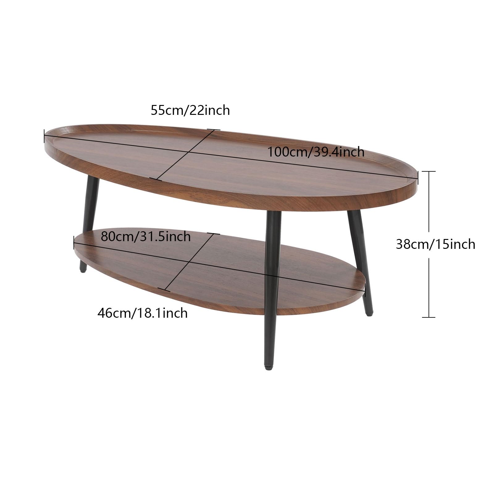 Mesa de centro ovalada de madera de doble capa, mesa de salón, estilo nórdico, diseño en forma de lágrima, mesas auxiliares, 2 niveles, 100 x 38 cm, para sofá, oficina, café (marrón)