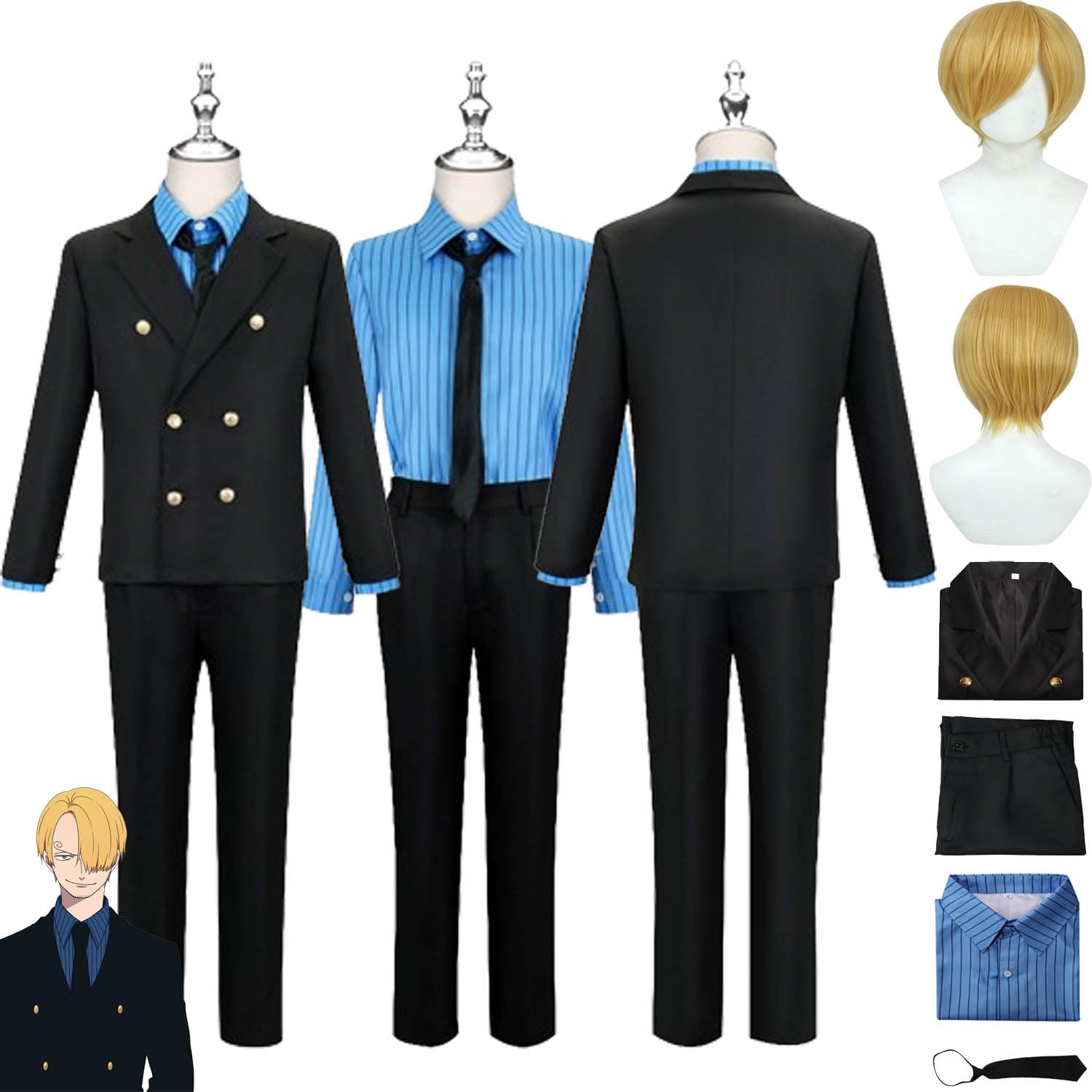 Anime Personaggio Sanji Cosplay Costume Vestito One Piece Monkey D. Luffy Gioco di Ruolo Uniforme Set Completo Halloween Carnevale Dress Up Suit con Parrucca per Uomini