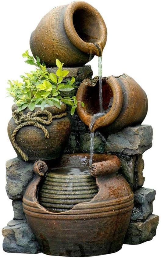 Jeco FCL055 Multi Pots Outdoor Water Fountain with Flower Pot, 12.6L x 13.4W x 23.6H, Multicolor : Free Standing Garden Fountains : Garden & Outdoor
